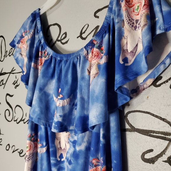 Wonderland by Orange Blue Cow Skull Off The Shoulder Dress, L - Picture 3 of 7